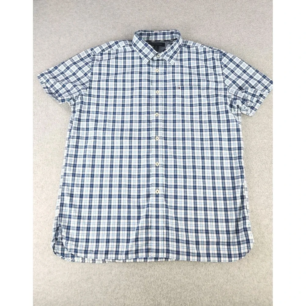 Tommy Hilfiger Short Sleeve Button Down Shirt Plaid Striped Blue Eyes Pop Men XL